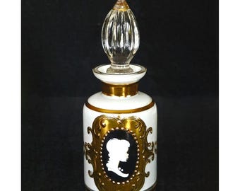 Ornate Vintage Glass Perfume Bottle With Gold Trim & Cameo Design Stopper