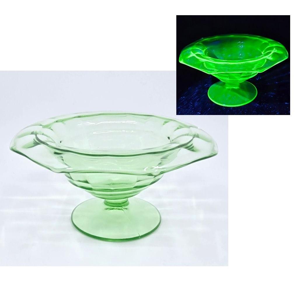 大恐慌時代のグリーンウランガラス台座ボウル（ロールリム付き）7