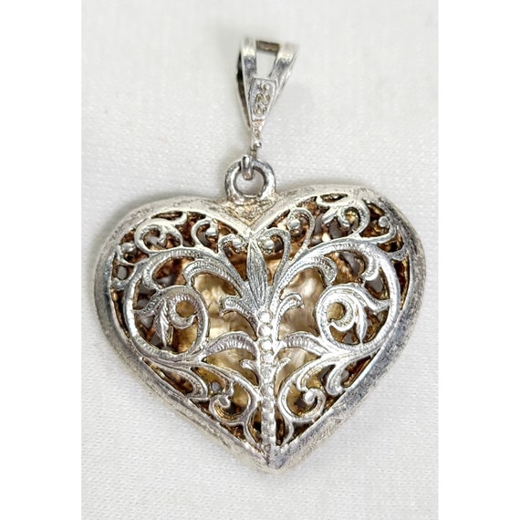 Large 925 Silver puffy 2 birds heart pendant - image 2