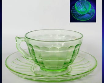 1930s Anchor Hocking Depression Glass Teacup & Saucer Set - uranium