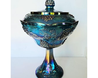 Compoteira vintage Indiana Carnival em vidro com tampa - Design de uvas e cabos