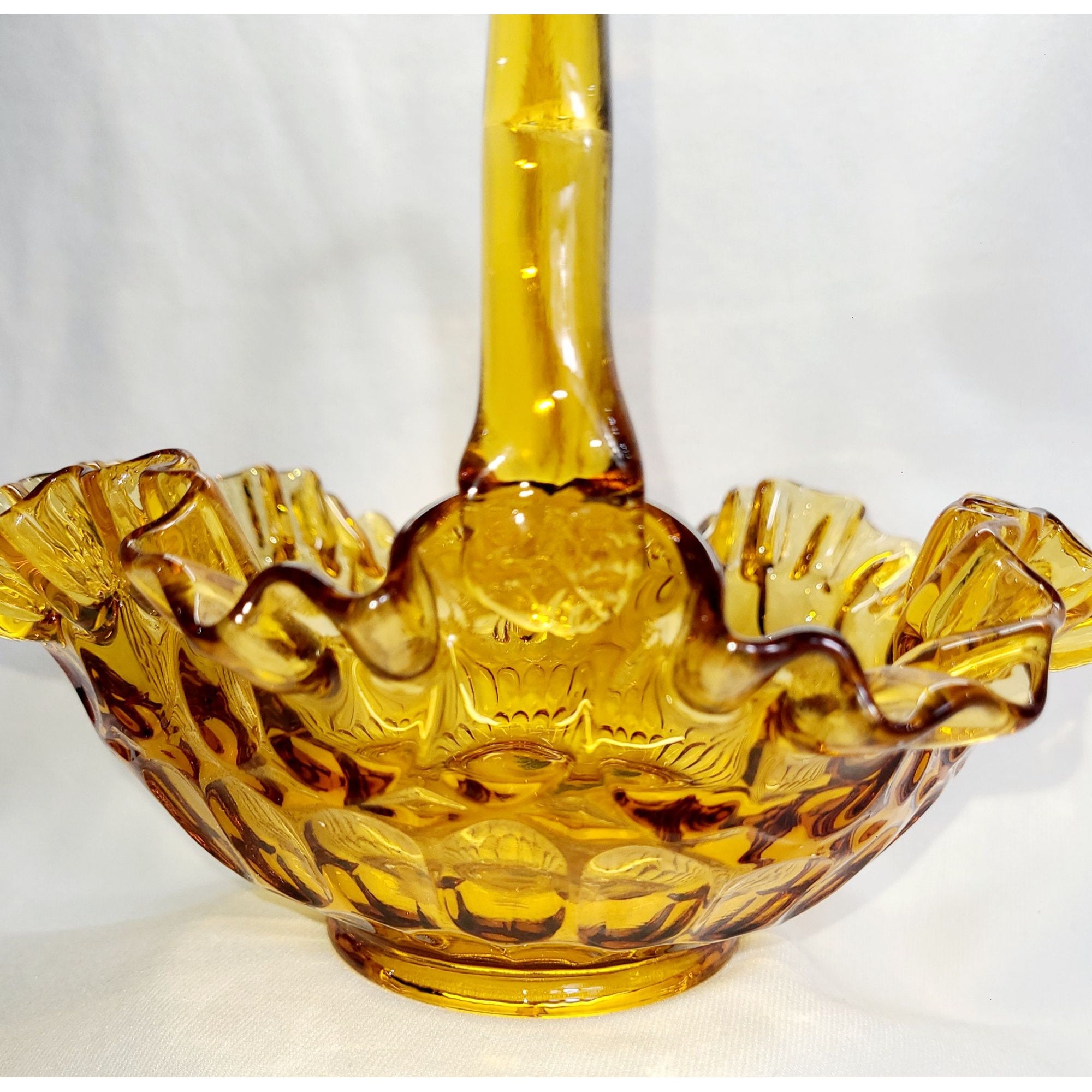 Vintage Fenton Amber Basket: Thumbprint Ruffle Edge, Bamboo Handle