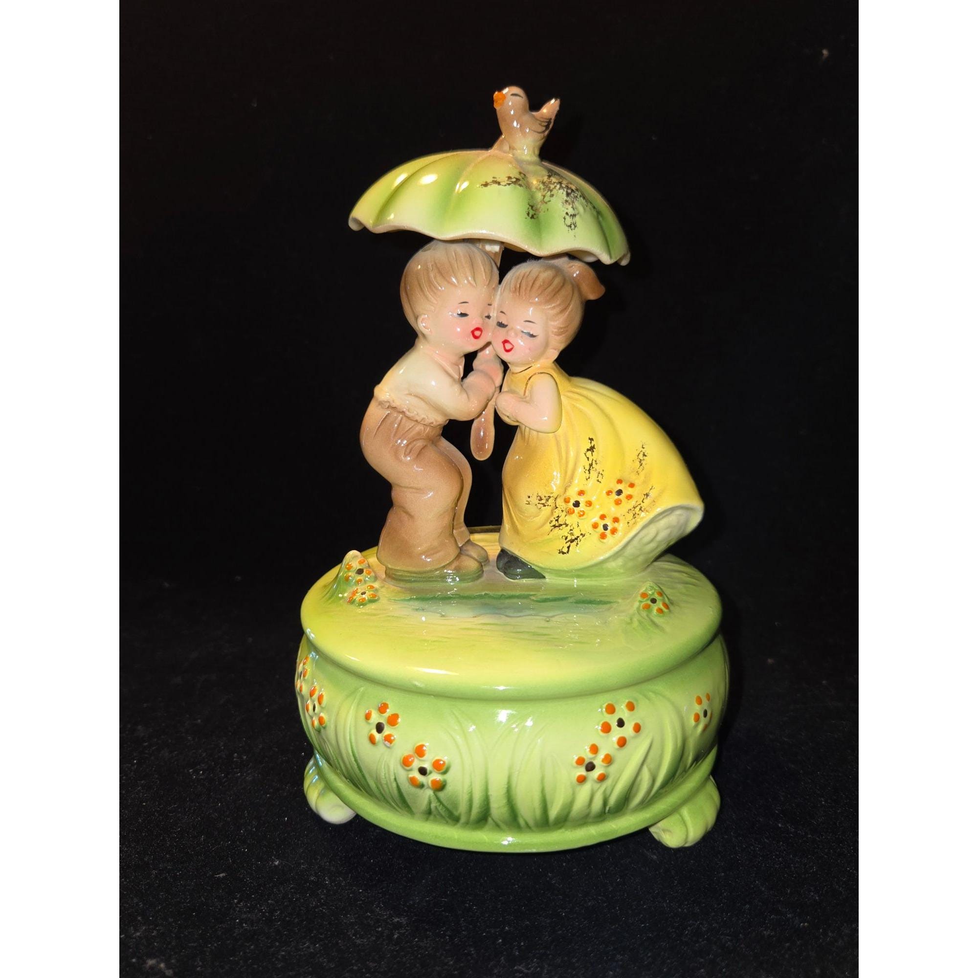 Vintage Josef Orig. Ceramic Music Box With Couple Under Umbrella