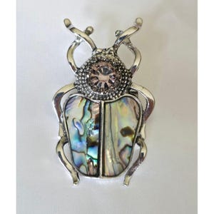 Silver Tone Beetle Brooch With Pink Rhinestone & Inlay Nature-Inspired Jewelry