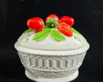 Vintage Strawberry tin glazed lidded dish