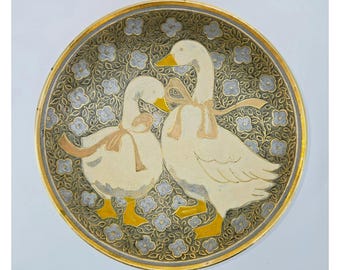 Decorative Goose, Brass Bowl Geese With Hand-Painted enameled Geese & Floral Design