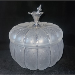 Vintage frosted pumpkin candy dish fall decor pewter finial