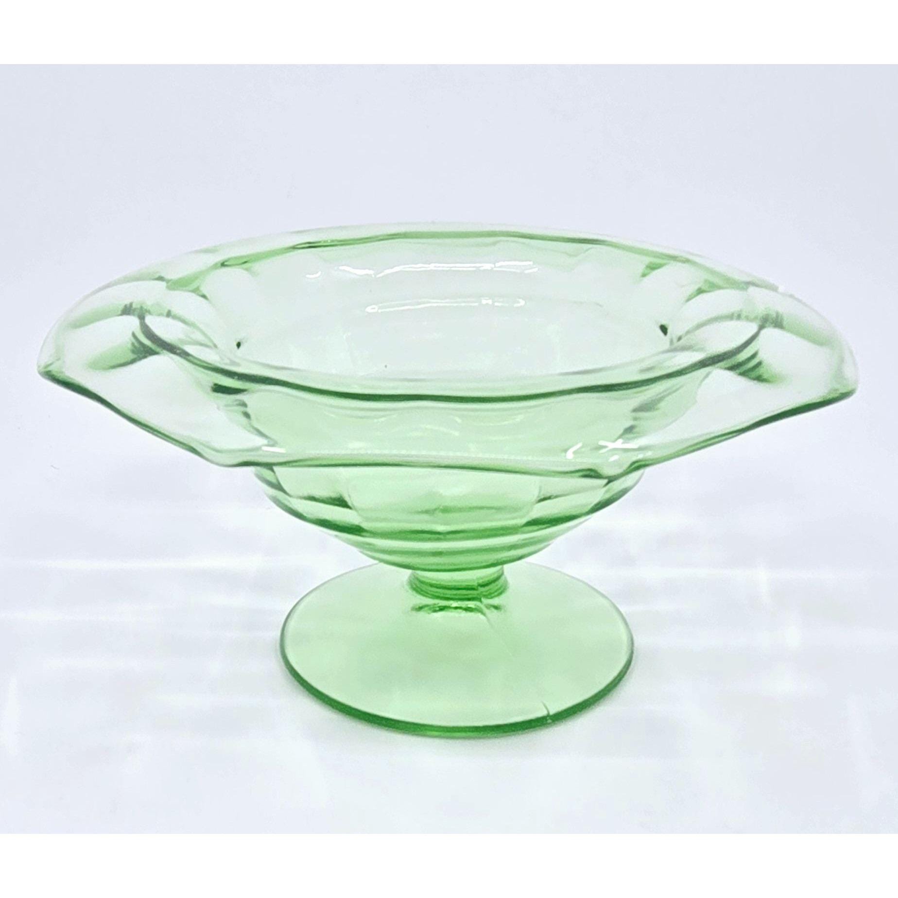 大恐慌時代のグリーンウランガラス台座ボウル（ロールリム付き）7