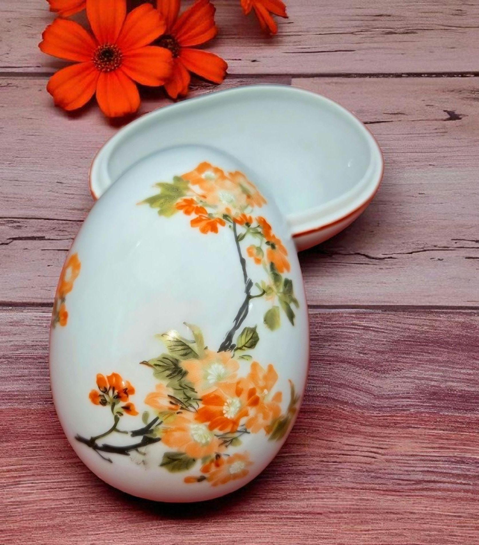 Limoges France Egg Shaped Porcelain Trinket Box With Floral Design
