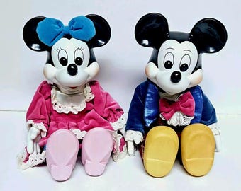 Muñecos musicales de porcelana grandes de Mickey y Minnie Mouse de Disney, edición limitada vintage.