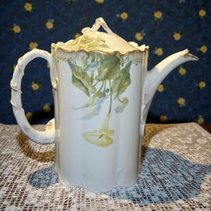 Cafetera/chocolatera de porcelana Rosenthal Monbijou de la década de 1890 con diseño de lirio cala.