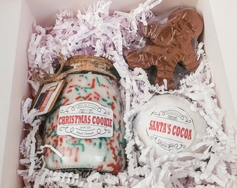Christmas Cookie Spa Gift Box Set / Sprinkle Candle / Gingerbread Man Soap / Cocoa Bath Bomb