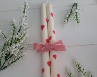 Hand Painted Taper Candle Set of 2 - Romantic Hearts Wax Painted