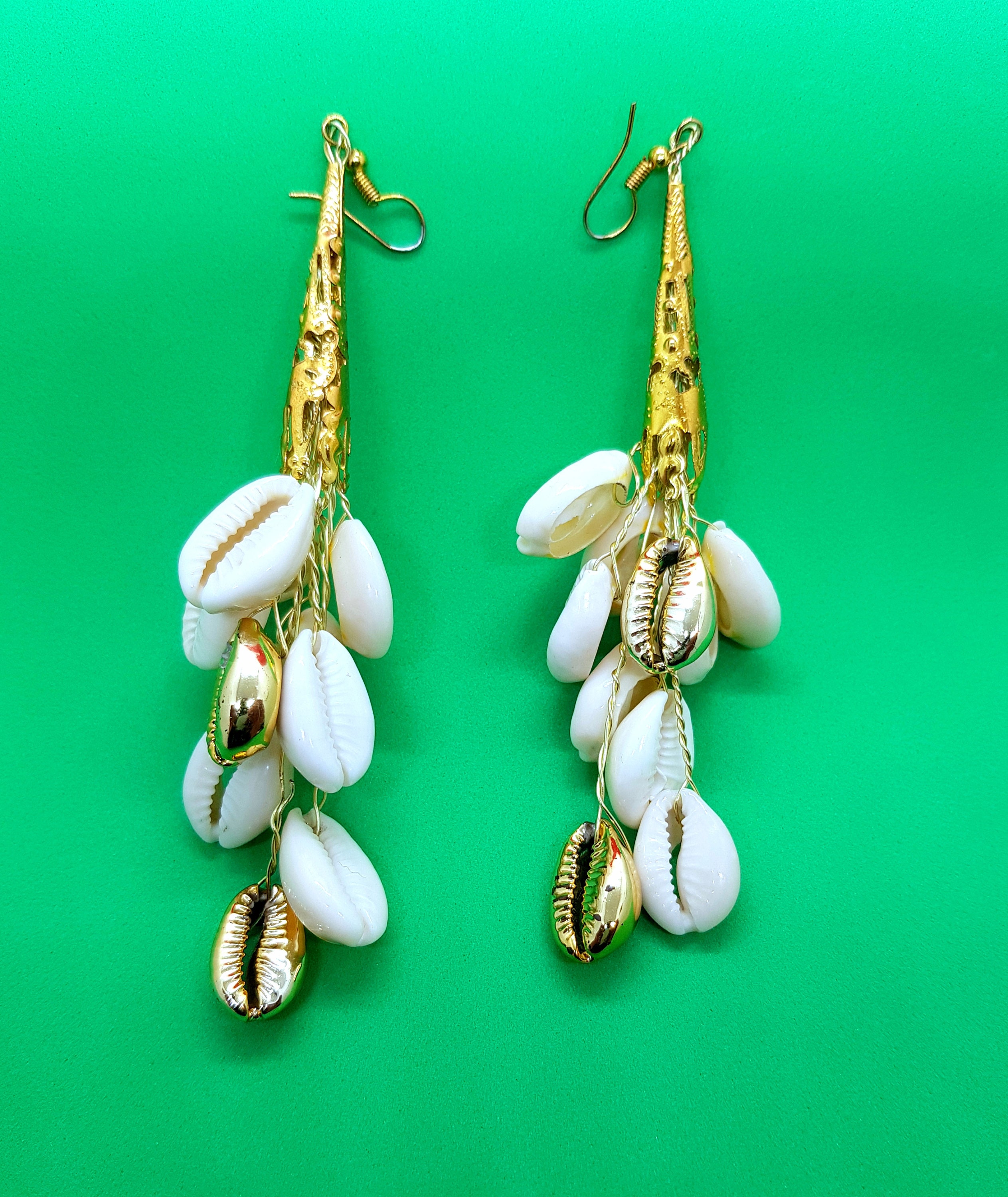 Long Dangle Natural & Gold Cowrie Earrings. Conch Earrings. Etsy UK