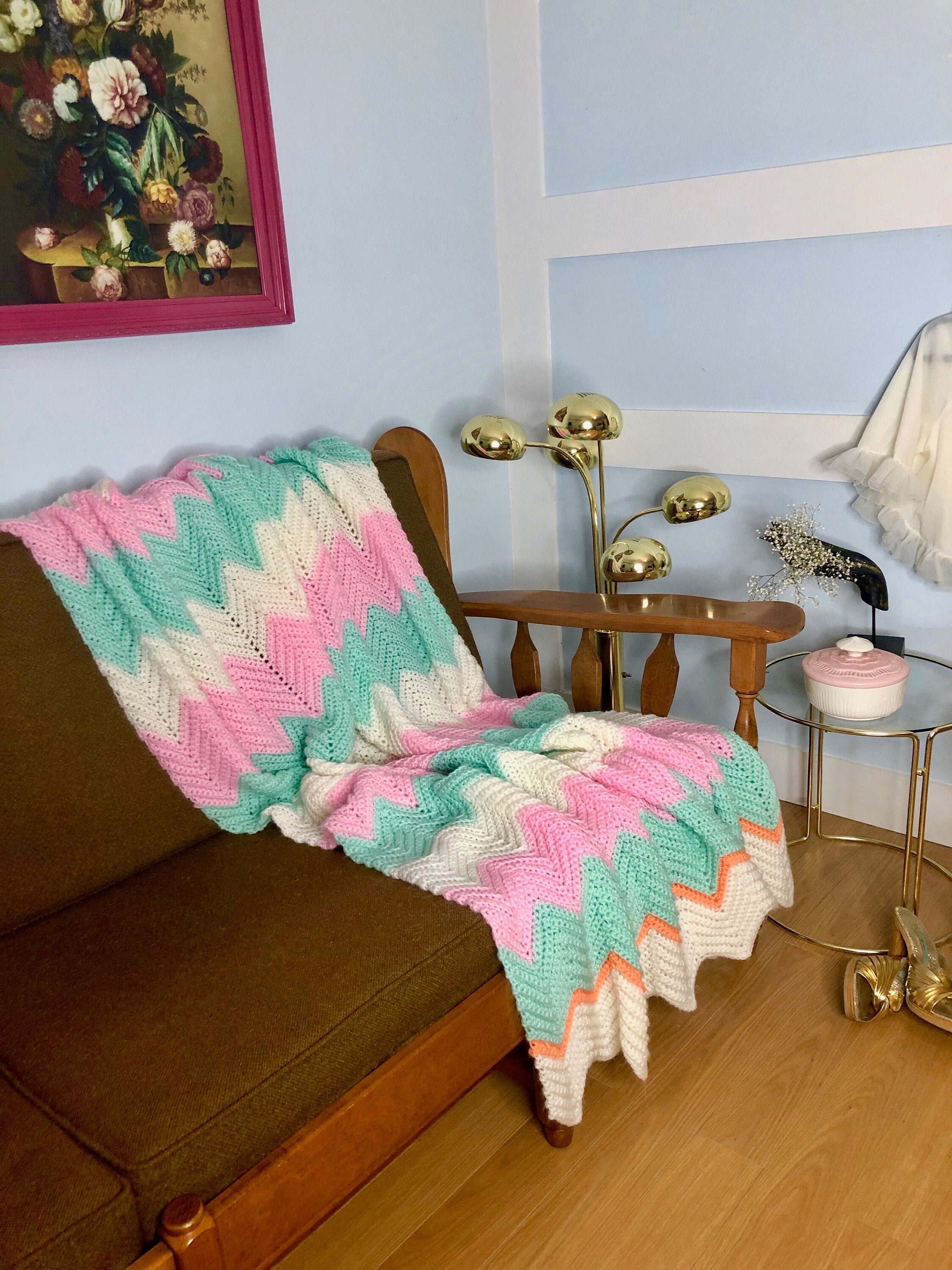 Retro Afghan Blanket Crochet Cottage Core Handmade Pink Green Etsy