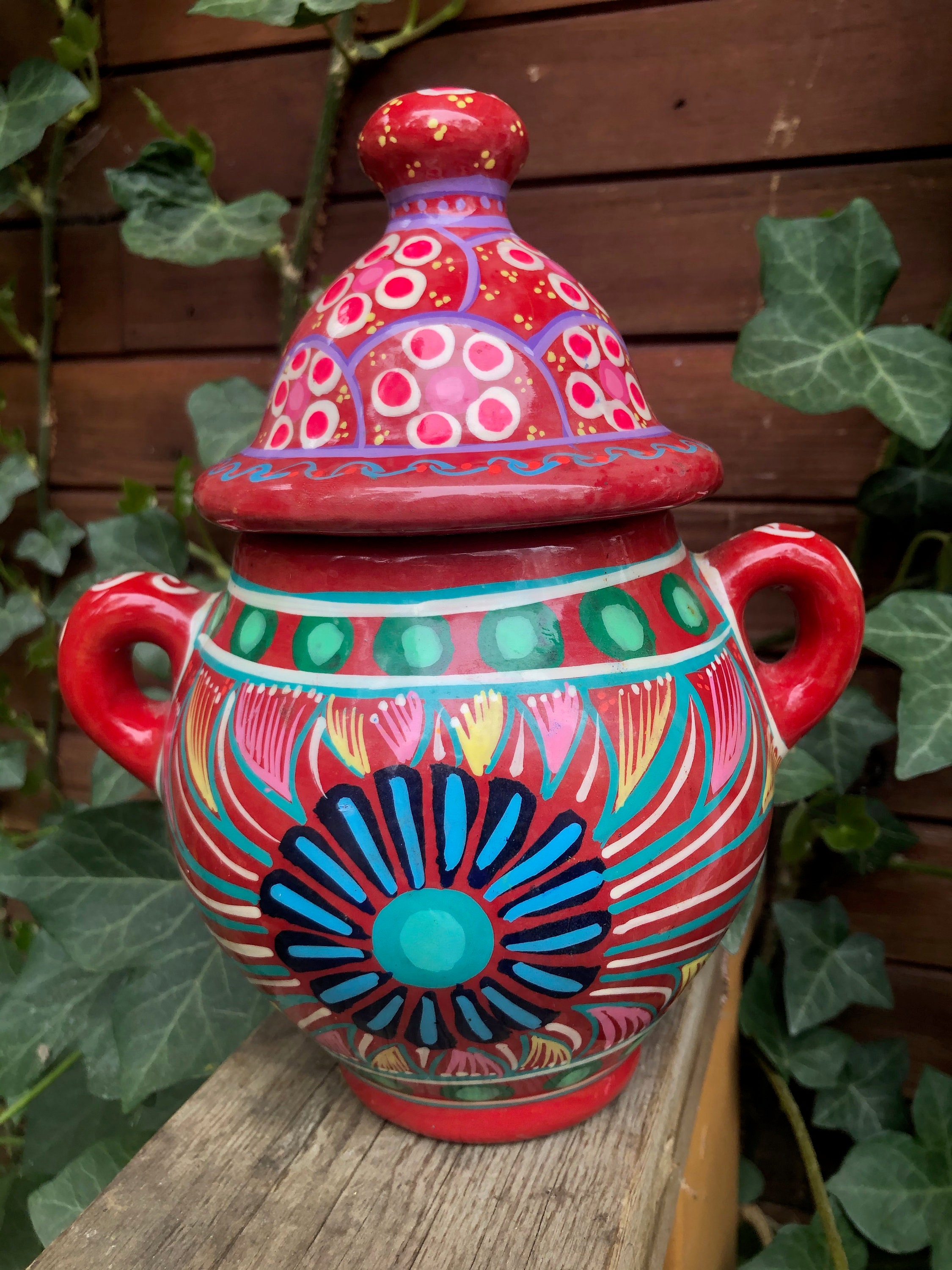 Vintage Red Clay Jar Mexico Bright Colours Urn Red Pink Blue Etsy