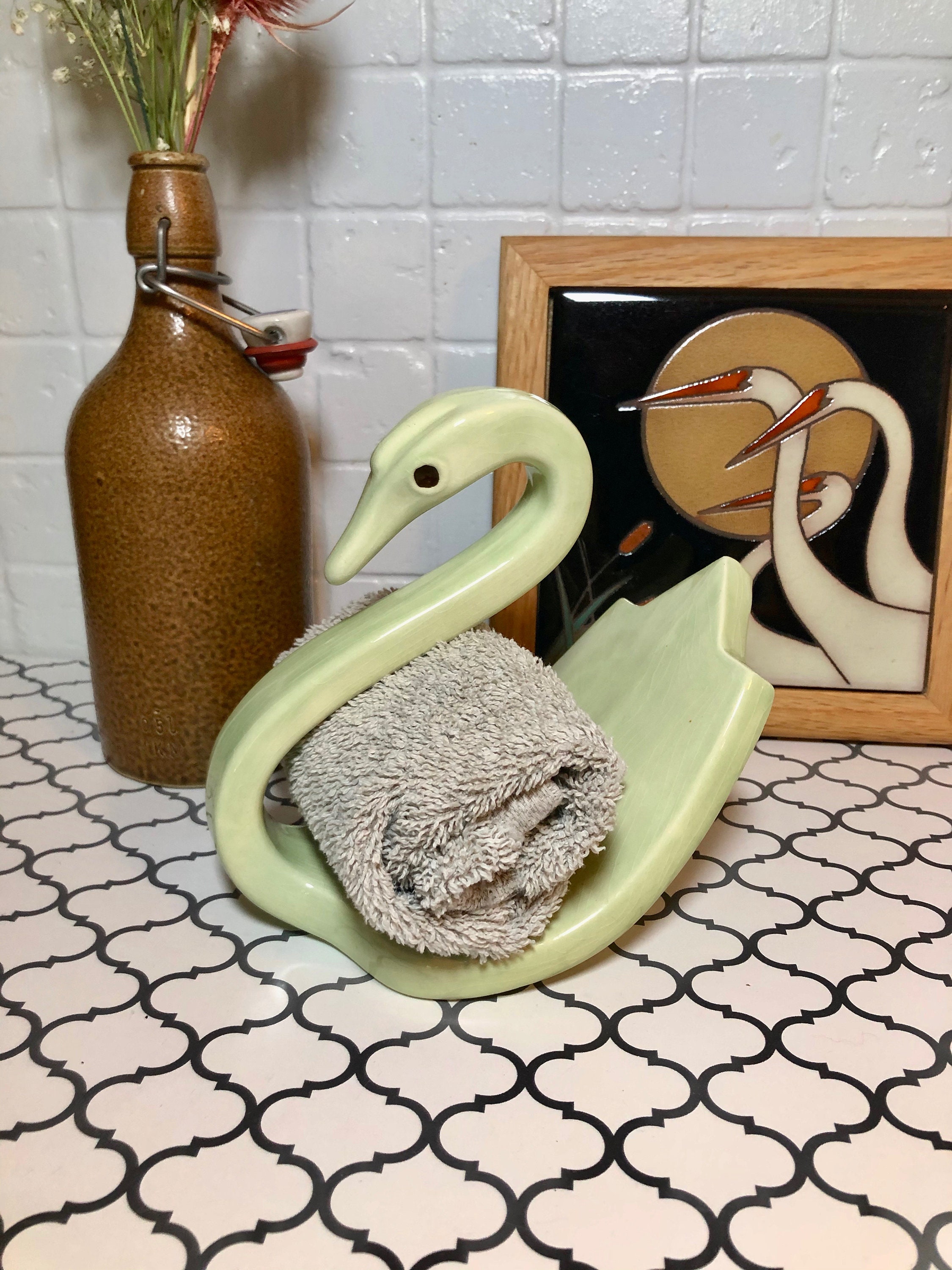 Vintage Ceramic Green Swan Towel Holder 80's Retro Etsy