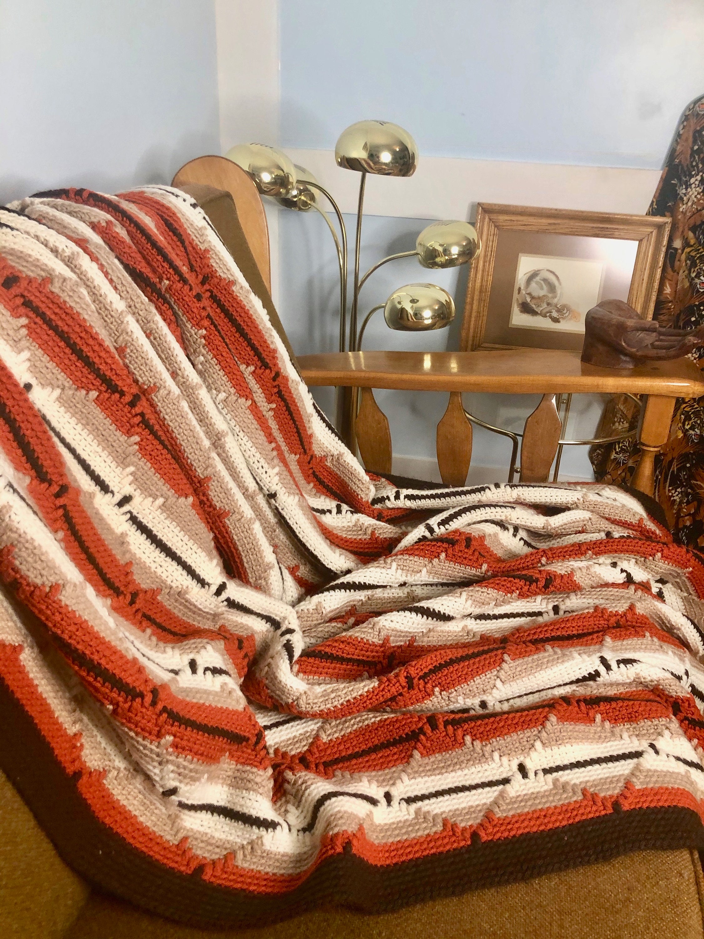 Vintage Afghan Blanket Brown Rust Beige Stripes Boho Etsy