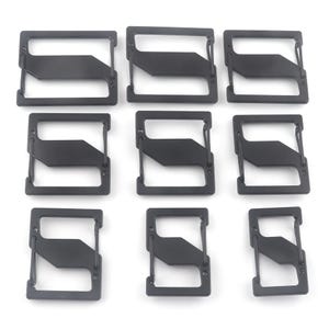 May include: Nine black metal carabiner-style clips arranged on a white background. Each clip has a rectangular frame with a central, angled bar and a small, hinged gate. The clips are designed for attaching items.