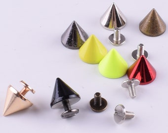 May include: Assortment of metal pyramid shaped studs with screw backs in various colors including gold, silver, black, red, and yellow.