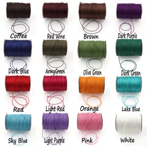 May include: A collection of 16 spools of waxed cotton cord in various colors, including coffee, red wine, brown, dark purple, dark blue, army green, olive green, dark green, red, light red, orange, lake blue, sky blue, light purple, pink, and white.