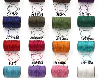May include: A collection of 16 spools of waxed cotton cord in various colors, including coffee, red wine, brown, dark purple, dark blue, army green, olive green, dark green, red, light red, orange, lake blue, sky blue, light purple, pink, and white.