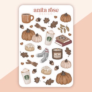 An Autumn Afternoon Sticker Sheet | Journal, Planner Stickers, Scrapbooking, Tea, Pumpkins, Pumpkin Spice, PSL, Fall, Autumn, Leaves