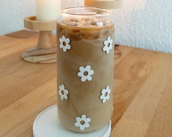 Trinkglas | Blumen | To Go | Glas mit Bambusdeckel und Strohhalm | Iced Coffee Becher