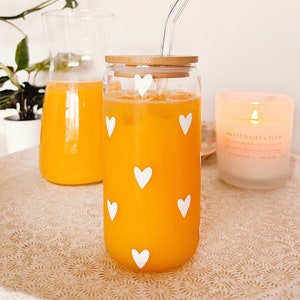 Drinking glass | Hearts | To go | Glass with bamboo lid and straw | Iced coffee cup