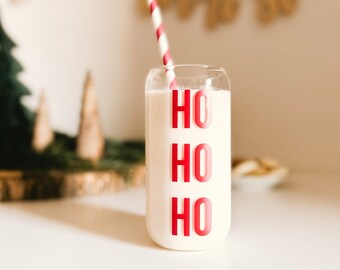 Trinkglas | Ho Ho Ho | To Go | Glas mit Bambusdeckel und Strohhalm | Iced Coffee Becher