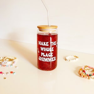 Drinking glass | Make The Whole Place Shimmer | To Go | Glass with bamboo lid and straw | Iced coffee cup