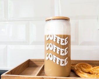 Trinkglas | Coffee | To Go | Glas mit Bambusdeckel und Strohhalm | Iced Coffee Becher