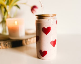 Trinkglas | Valentine | To Go | Glas mit Bambusdeckel und Strohhalm | Iced Coffee Becher