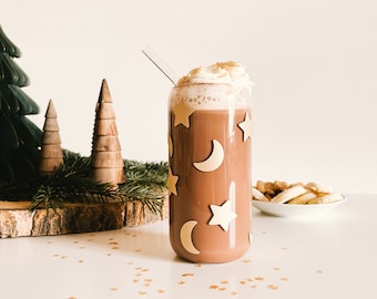 Trinkglas | Moon & Stars | To Go | Glas mit Bambusdeckel und Strohhalm | Iced Coffee Becher