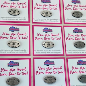 May include: Multiple cards with pink borders and the text "You are loved from bow to toe!" Each card has a silver oval charm with the text "Force 1" and a name. The charms are for shoes.