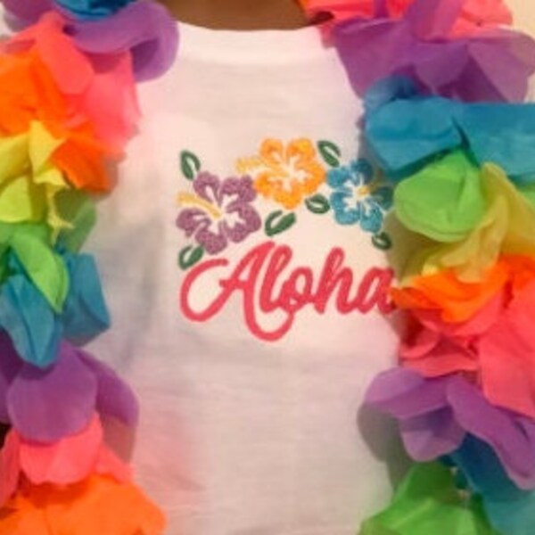 Fast Free Shipping Embroidered Stitched Aloha Day Tee Shirt Sizes Girls Baby Toddler Tweens Teen for Vacation Cruise School Pool Party Theme