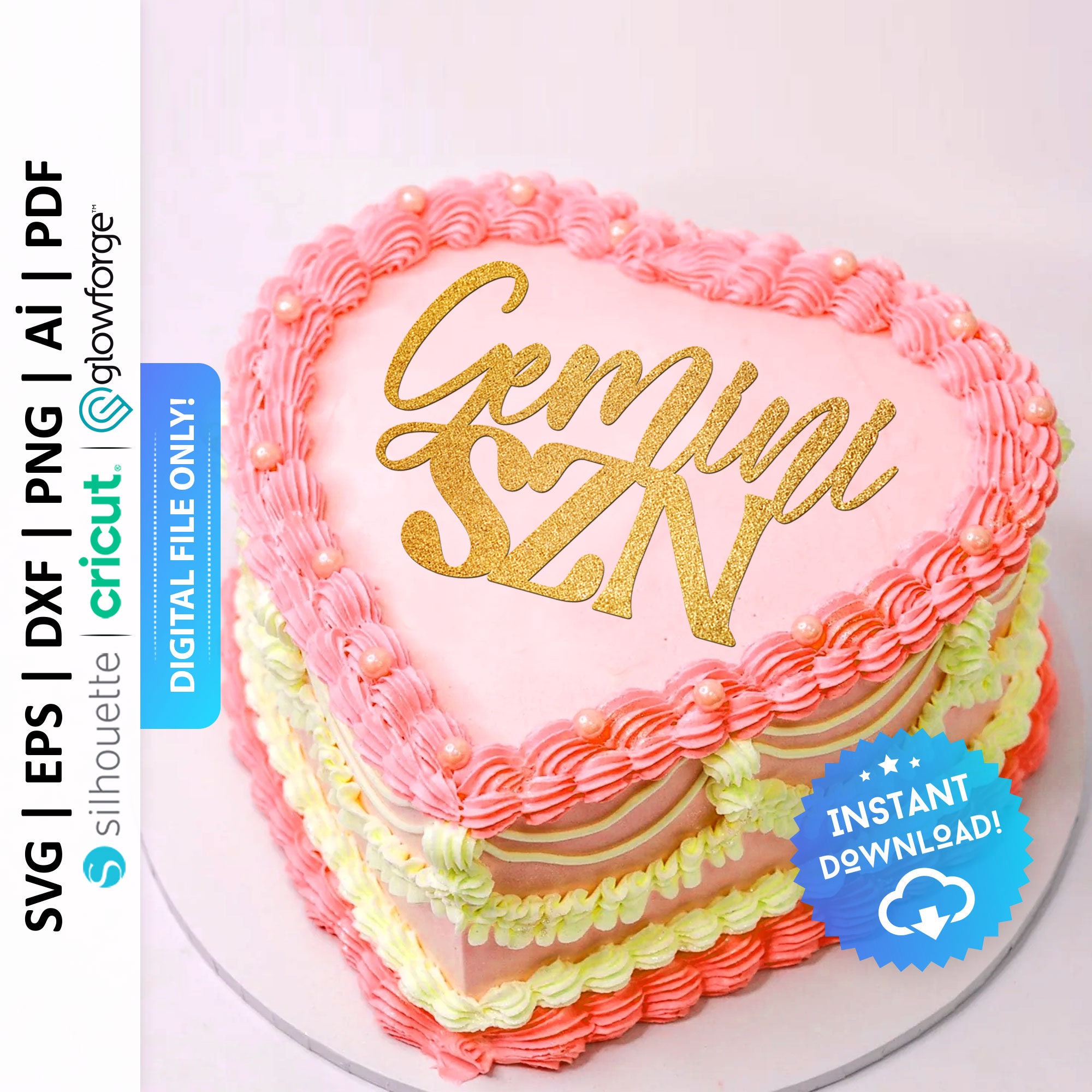 Gemini SZN Zodiac Cake Topper Svg, Vintage Heart Charm