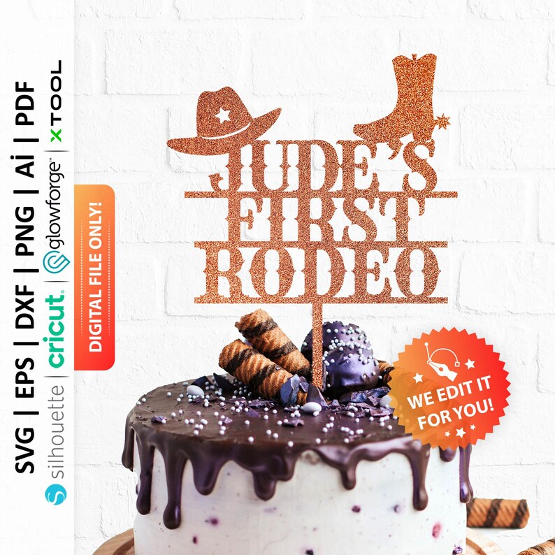 May include: A cake topper with a cowboy hat, boot, and the text "Jude's First Rodeo" in a glittery copper finish. The topper is on a chocolate cake with sprinkles.