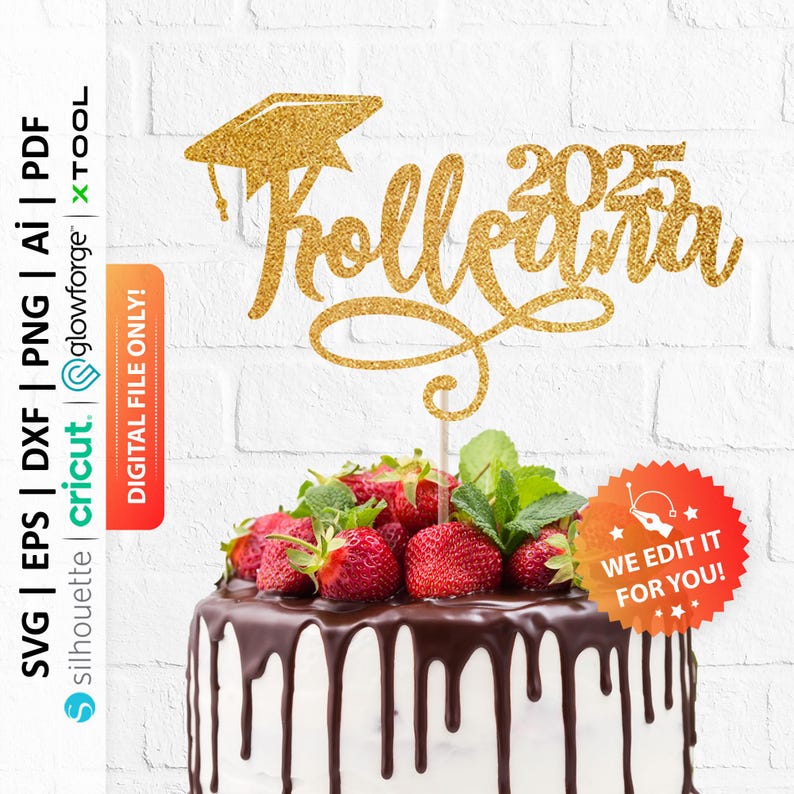 May include: A gold glitter cake topper with the word "Kolle" and the year "2025" in a script font, topped with a graduation cap. The cake is decorated with strawberries and chocolate ganache.