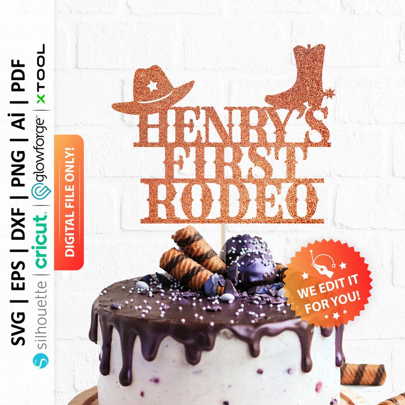 May include: A brown glitter cake topper with the text "Henry's First Rodeo" and a cowboy hat and boot design. The topper is on a cake with chocolate frosting and sprinkles.