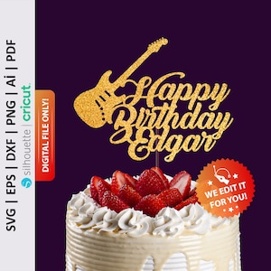 Personalized Happy Birthday Cake Topper Svg, Guitar Cake Topper Svg, Electric Bass Guitar Cake Topper, Music Birthday Cake Decor - PD0482