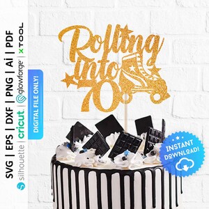May include: Gold glitter cake topper with the text "Rolling into 70" and a roller skate. The cake topper is on top of a black and white striped cake.