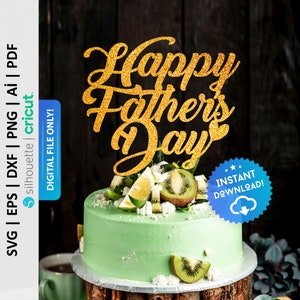 May include: A green frosted cake topped with kiwi slices and a gold glitter "Happy Father's Day" cake topper. The cake is decorated with white frosting and sits on a wooden cake stand. A blue and white "Instant Download" sticker is visible.