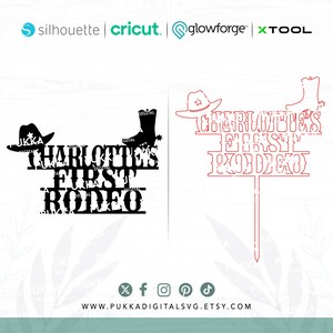 May include: Black and white silhouette of a cowboy hat, boots, and the text "Charlotte's First Rodeo". A red outline of a similar design with the text "Charlotte's First Rodeo" on a sign.