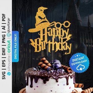 Zauberer Kuchen Topper svg, magischer Tortenstecker svg, Happy Birthday Cake Topper svg, magische Geburtstagspartydekoration, Zauberer Themen svg - PD0319
