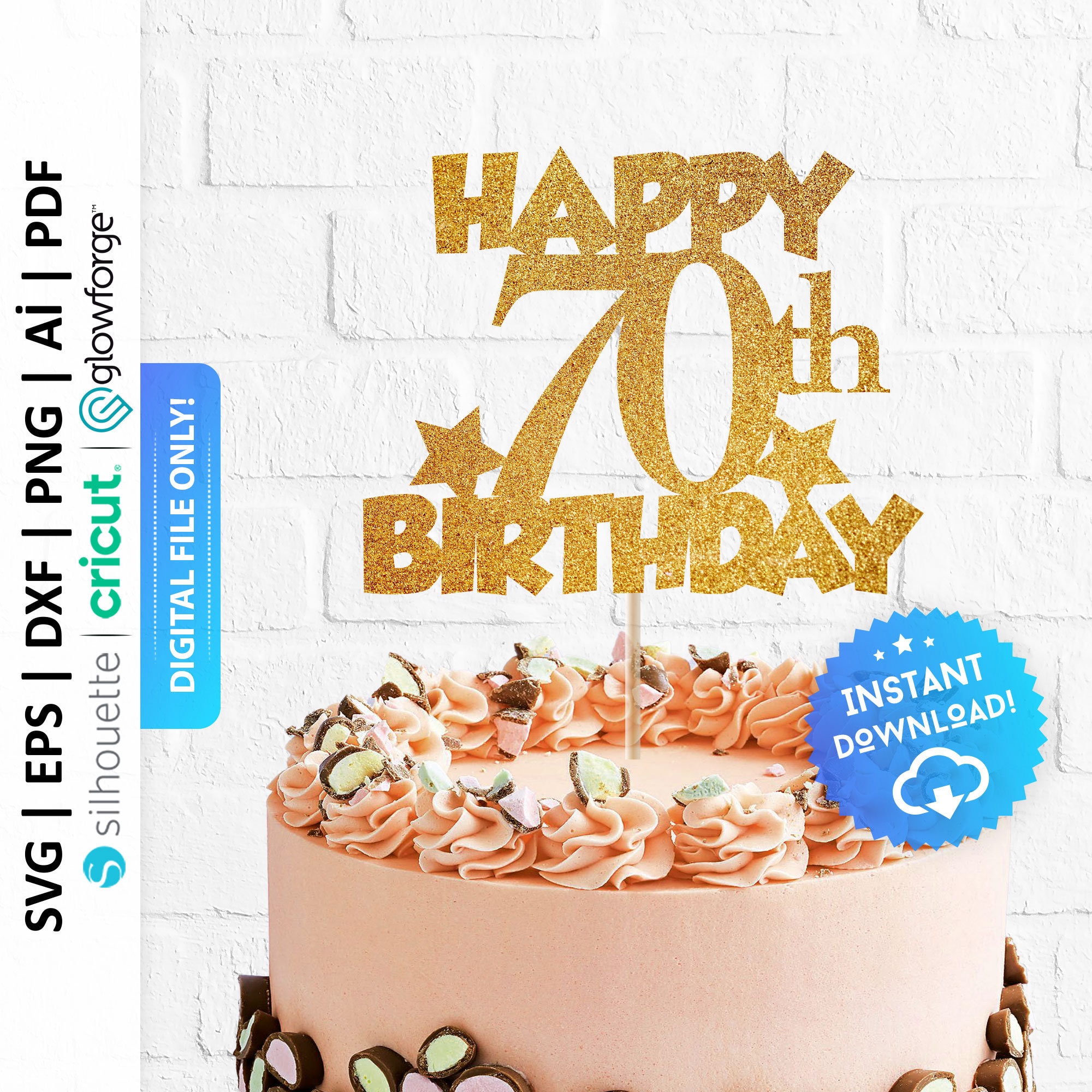 Decorazioni Torta 70° Compleanno - Topper Dorato 'Happy 70th', Stelle, Cuori E Palloncini - Foto 10