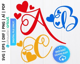 Monogram Alphabet Letters Svg File, Heart Alphabet Svg, Cricut Silhouette Cut Files, Instant Download - PD0364