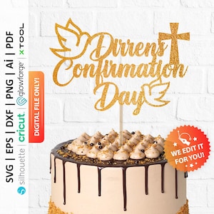 カスタムネーム堅信礼日ケーキトッパーSVG、宗教的装飾：デジタルダウンロード - PD0168