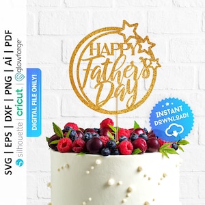 Puede incluir: Topper de pastel de purpurina dorada con el texto "Happy Father's Day" en un círculo. El topper está en un pastel decorado con bayas.