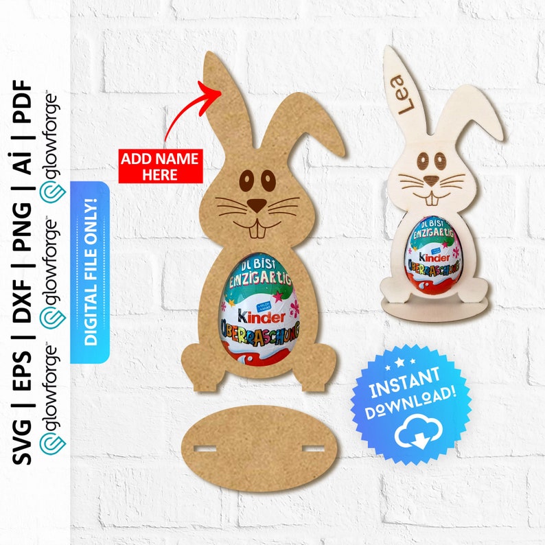 K&ouml;nnte beinhalten: Ein h&ouml;lzerner Hasenschnitt mit einem Schlitz, um ein Kinder &Uuml;berraschungsei zu halten. Der Hase hat eine braune und wei&szlig;e Farbgebung und der Text "Lea" ist auf das Ohr des Hasen geschrieben. Der Text "ADD NAME HERE" ist auf einem roten Rechteck geschrieben. Der Text "INSTANT DOWNLOAD!" ist auf einem blauen Stern mit einem Wolken-Download-Symbol geschrieben.